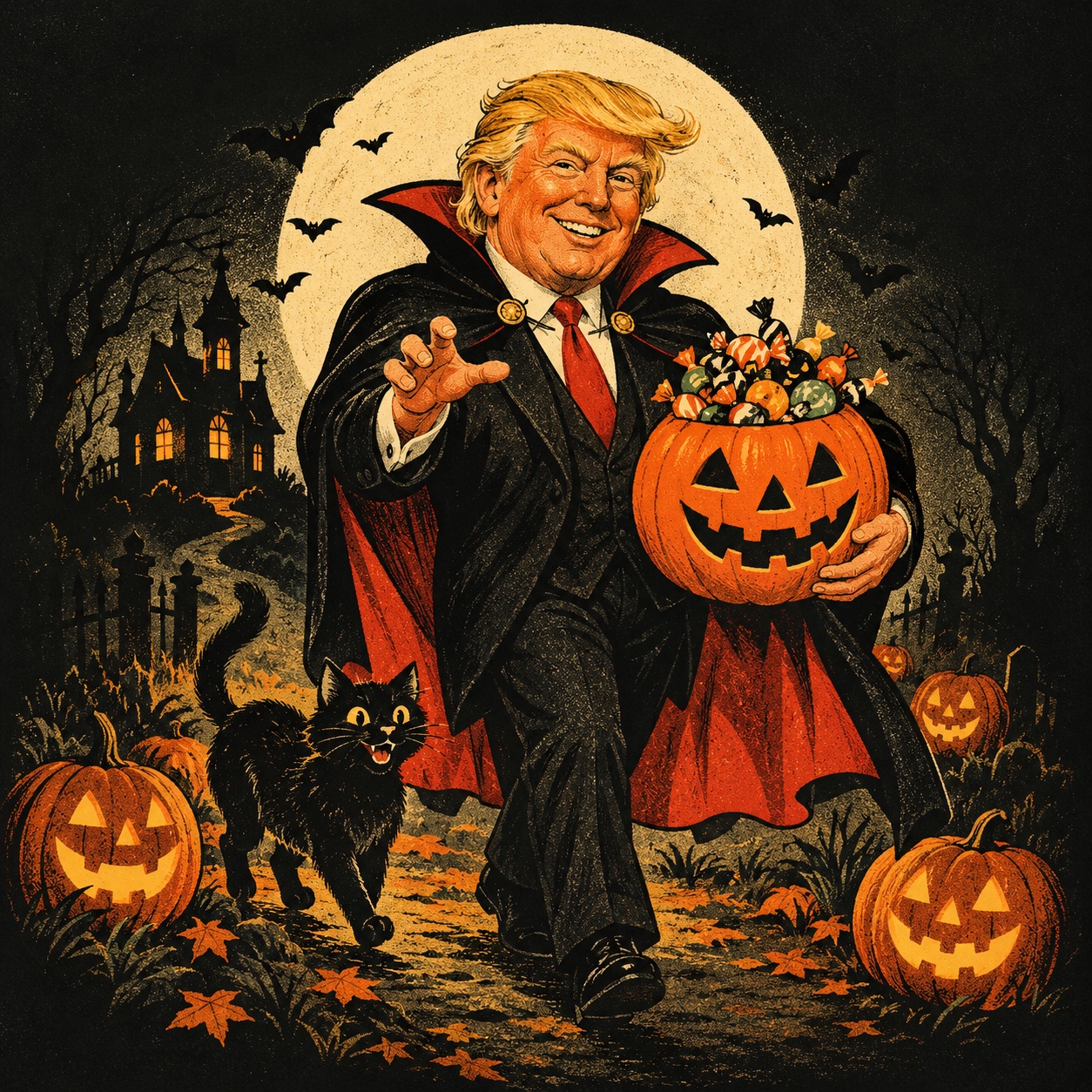 Vintage cartoon of Trump dressed as a friendly vampire, with golden hair, a pumpkin full of candy, and a Halloween black cat.